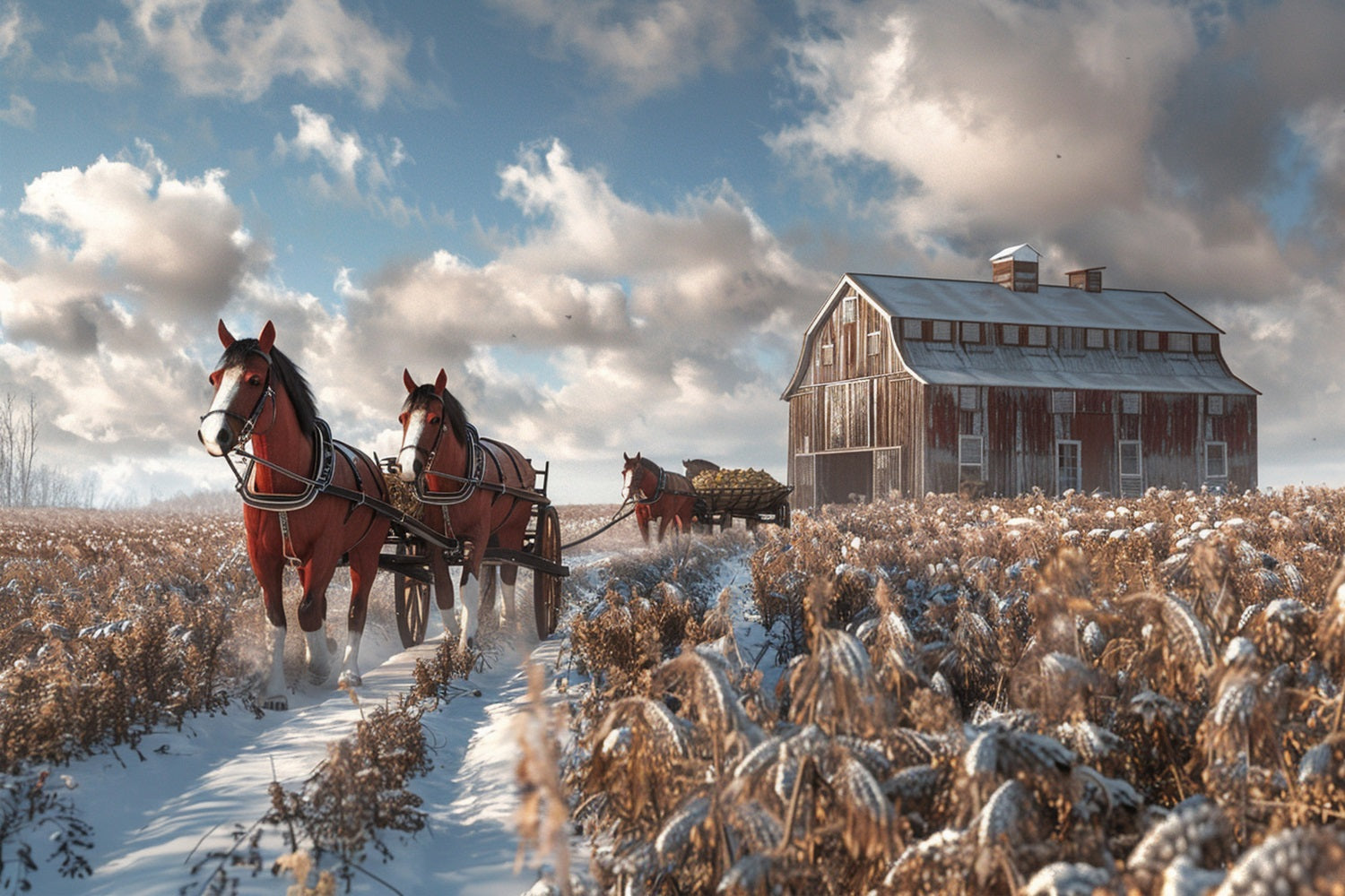 Toile de fond Grange enneigée Chevaux Champ d'hiver BRP9-380