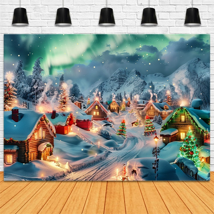 Toile de fond Village de Noël avec aurores boréales et sapins BRP9-96