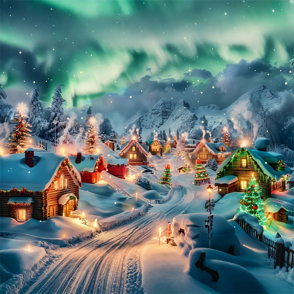 Toile de fond Village de Noël avec aurores boréales et sapins BRP9-96