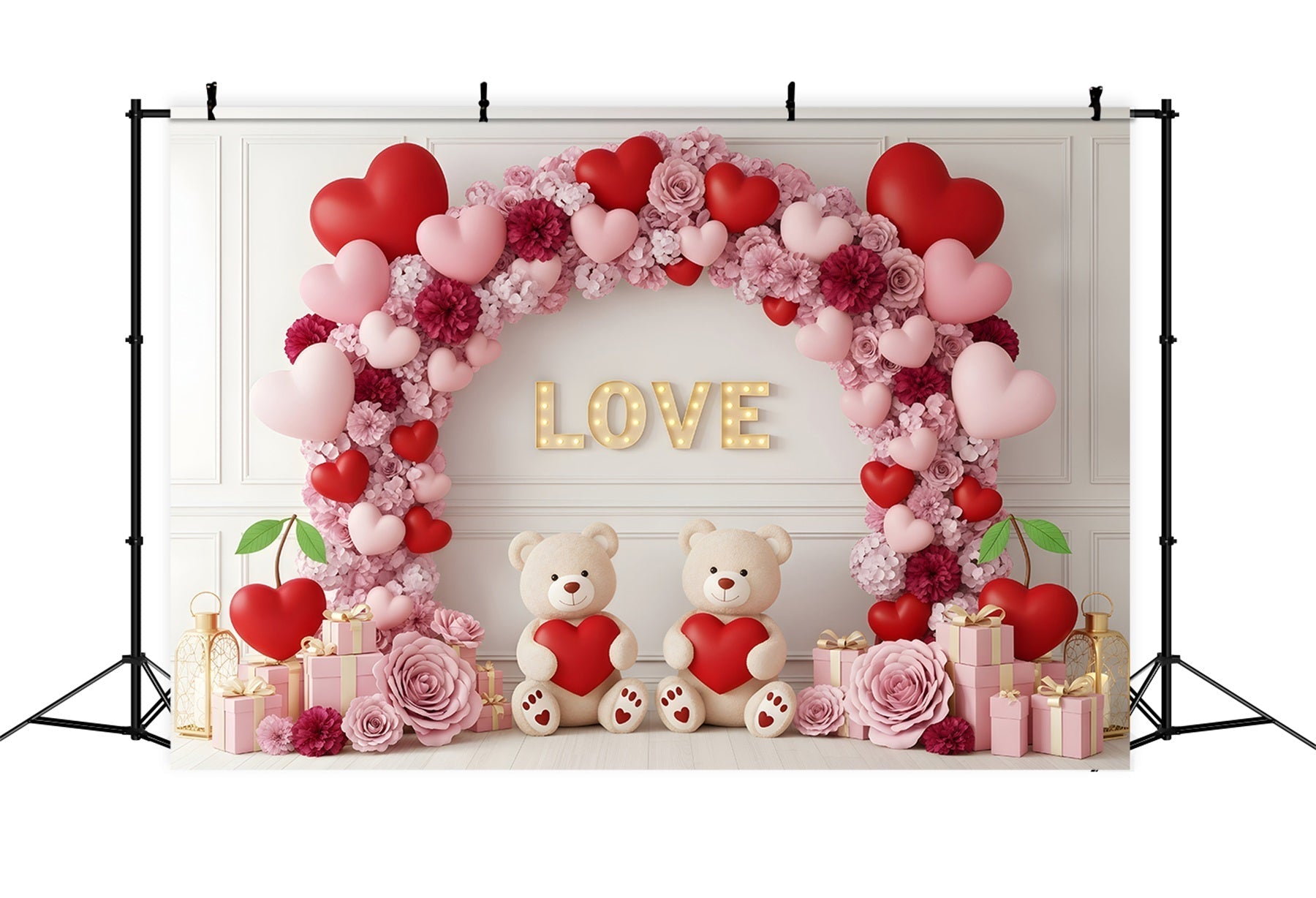 Fond pour la Saint-Valentin avec cœur floral et arche en peluche Fonds pour la Saint-Valentin par Magali