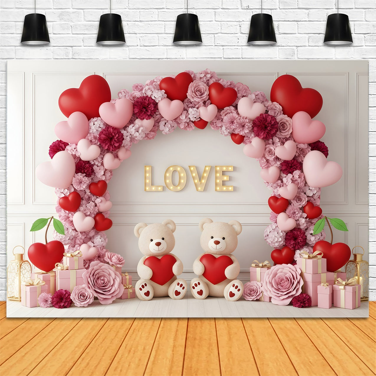 Fond pour la Saint-Valentin avec cœur floral et arche en peluche Fonds pour la Saint-Valentin par Magali
