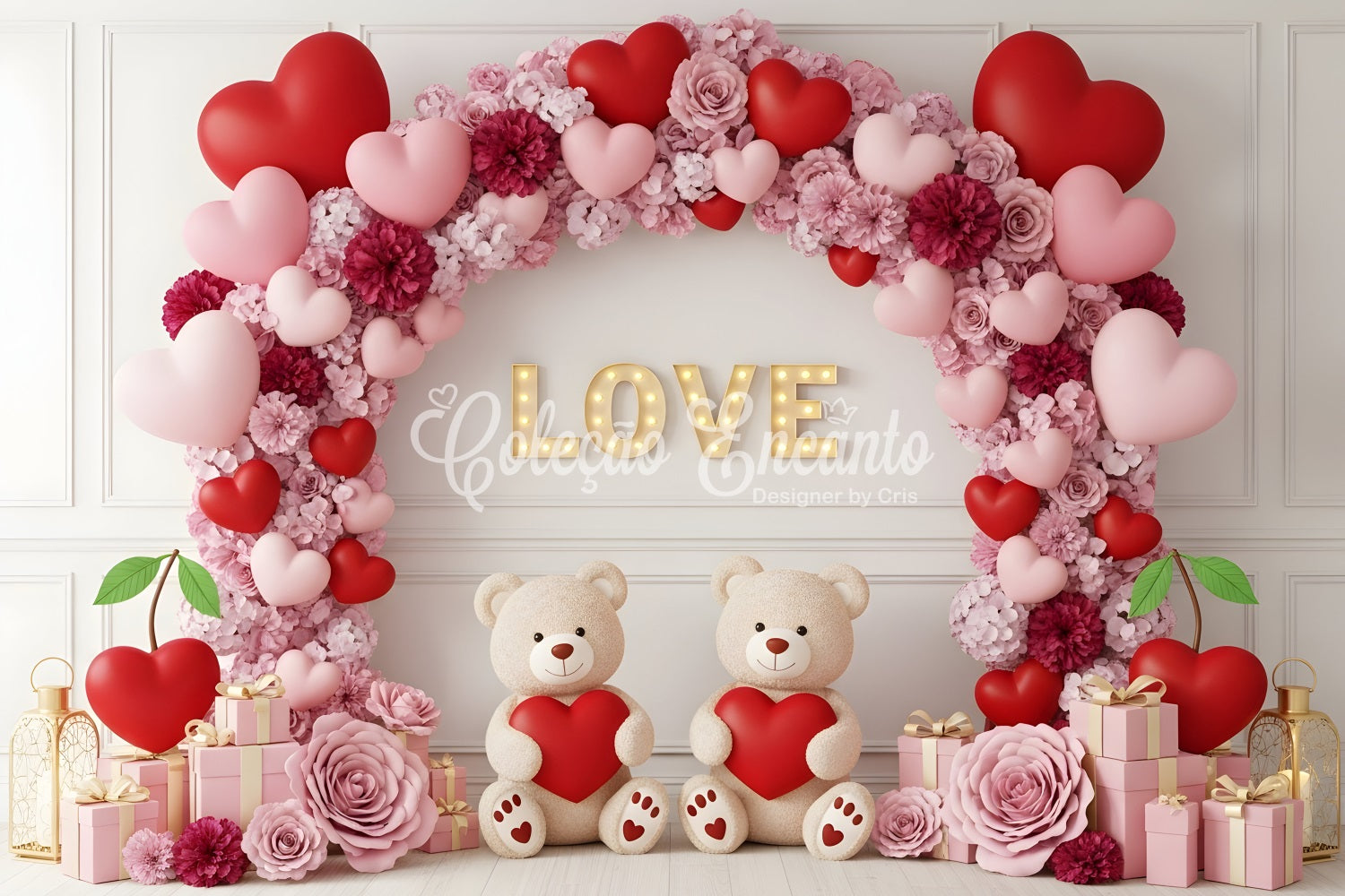 Fond pour la Saint-Valentin avec cœur floral et arche en peluche Fonds pour la Saint-Valentin par Magali