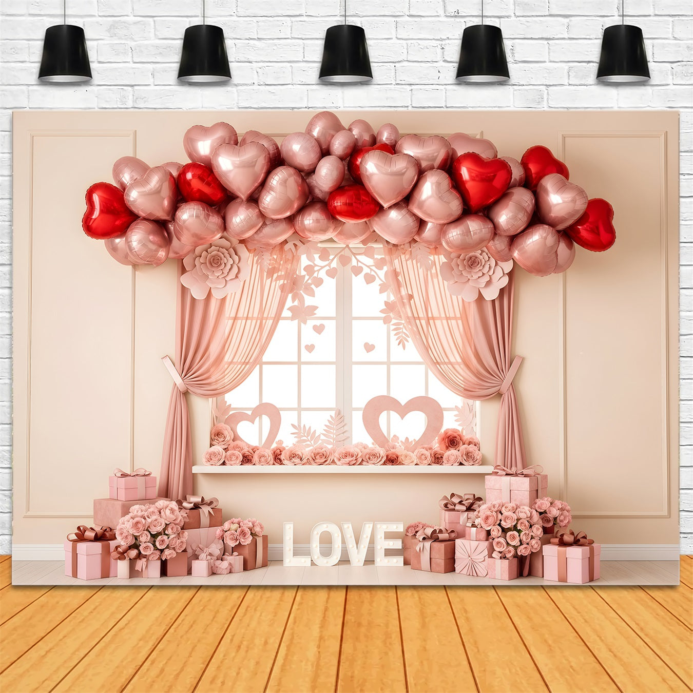 Idées de fonds pour la Saint-Valentin Fenêtre avec ballons en forme de cœur rose Fonds pour la Saint-Valentin par Magali