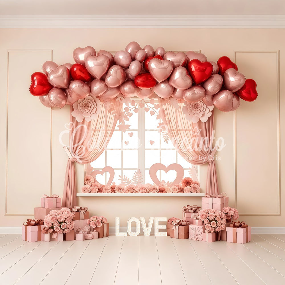 Idées de fonds pour la Saint-Valentin Fenêtre avec ballons en forme de cœur rose Fonds pour la Saint-Valentin par Magali