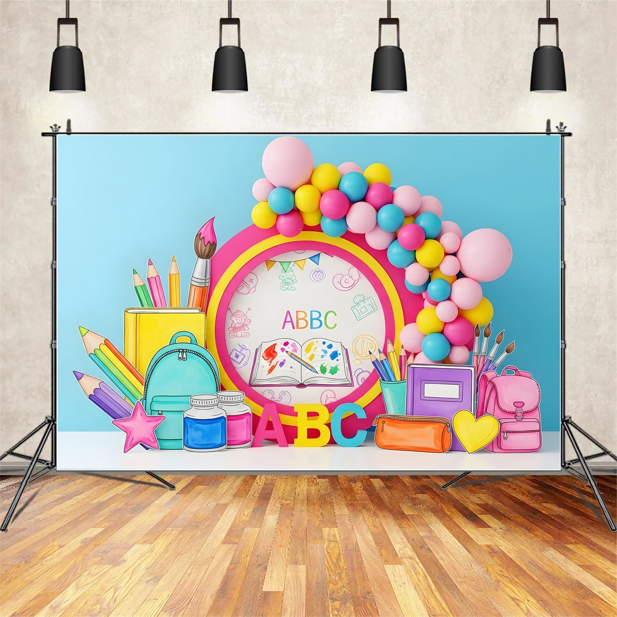 Toile de fond Rentrée Scolaire Fournitures Artistiques Arc-en-Ciel Par Magali