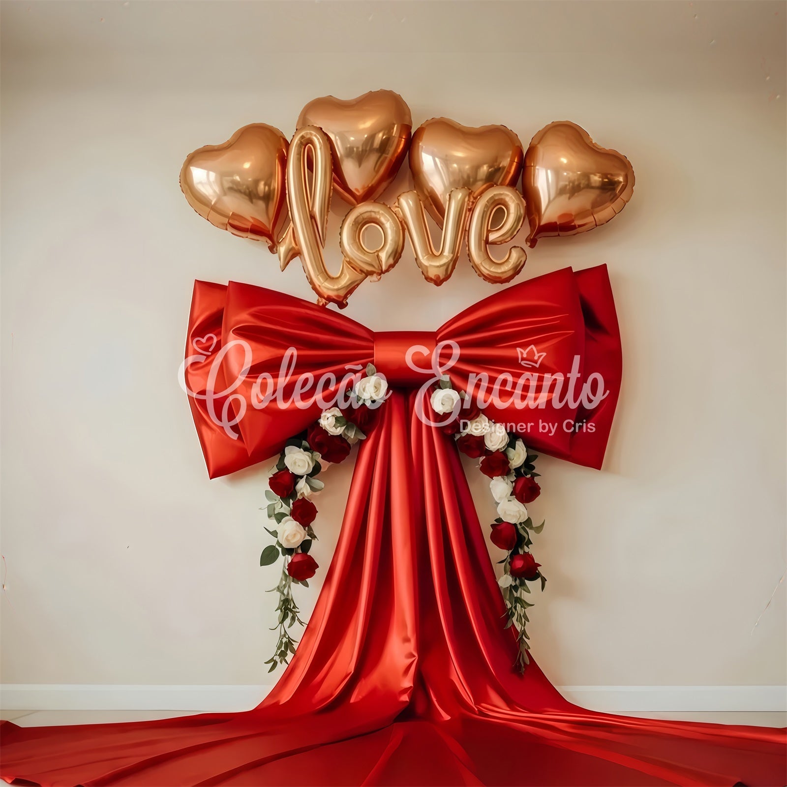 Fond Photo Saint Valentin Cœurs Fleuris avec Nœud Satin Rouge Par Magali