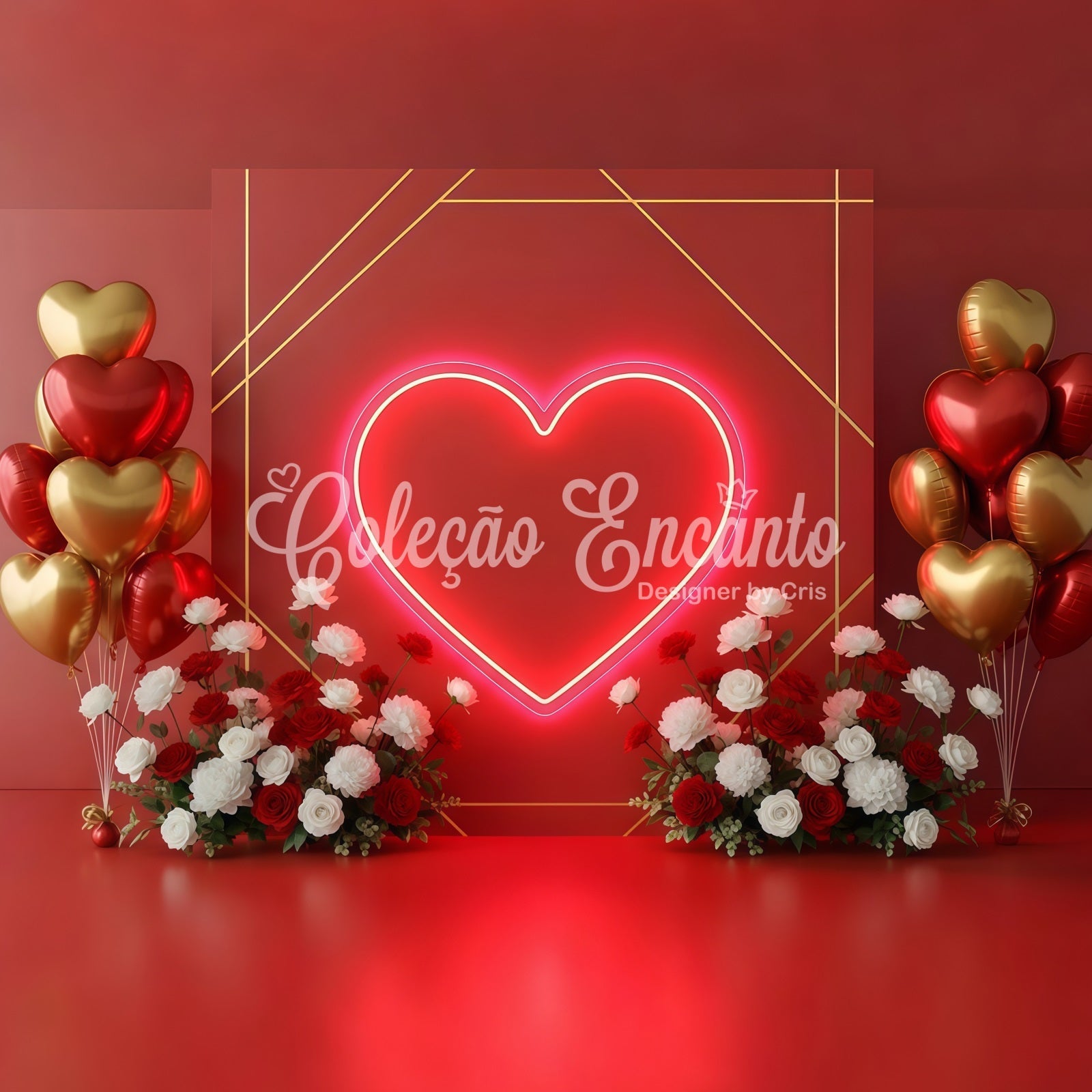 Fond Photo de Saint Valentin Ballons Cœur Néon et Fleurs Par Magali