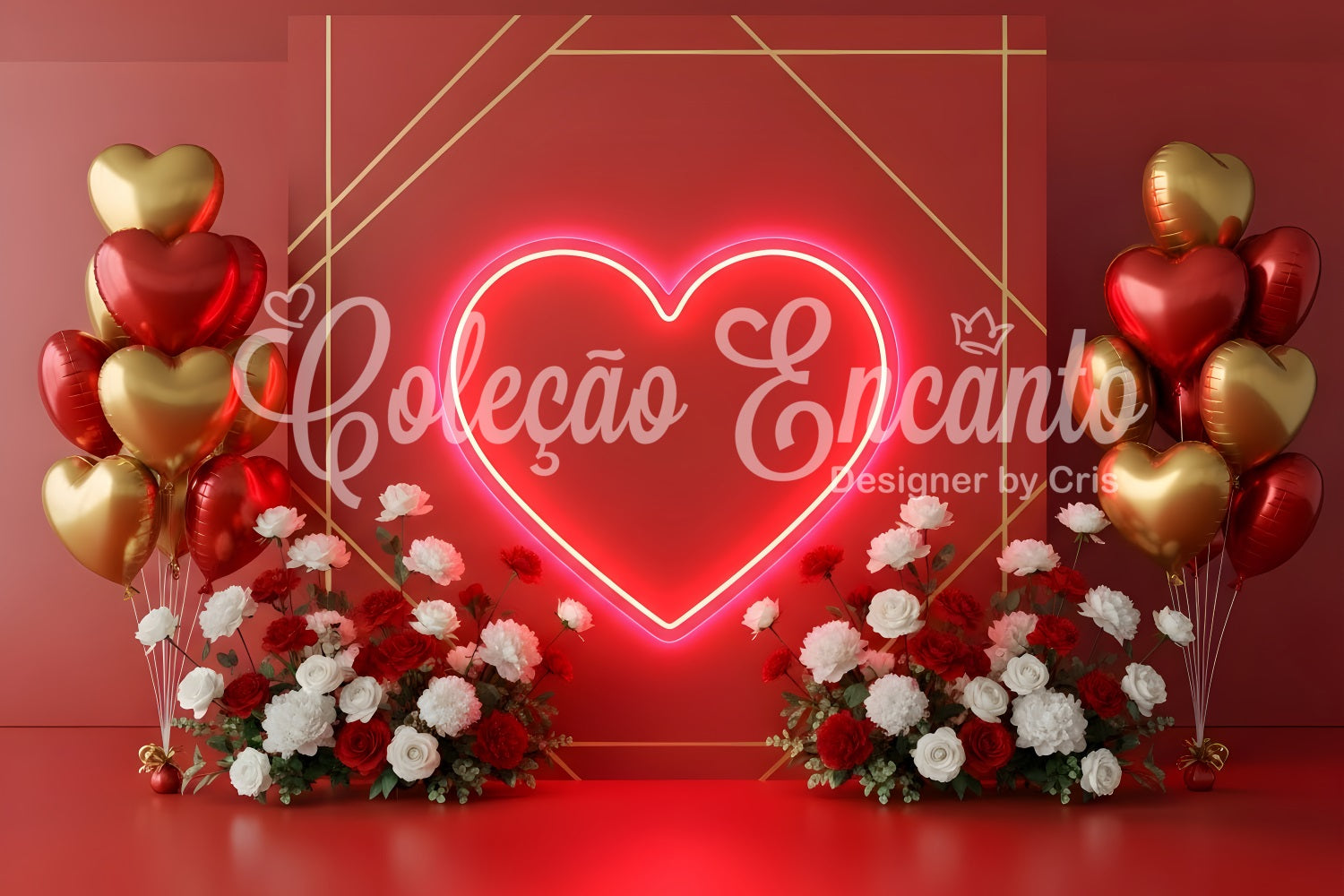 Fond Photo de Saint Valentin Ballons Cœur Néon et Fleurs Par Magali