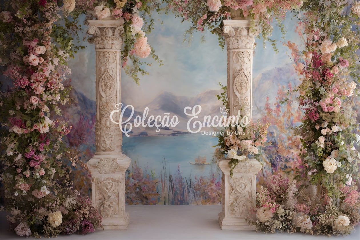 Toile de fond Photo Fête des Mères Colonnes Florales Vue Montagne Par Magali
