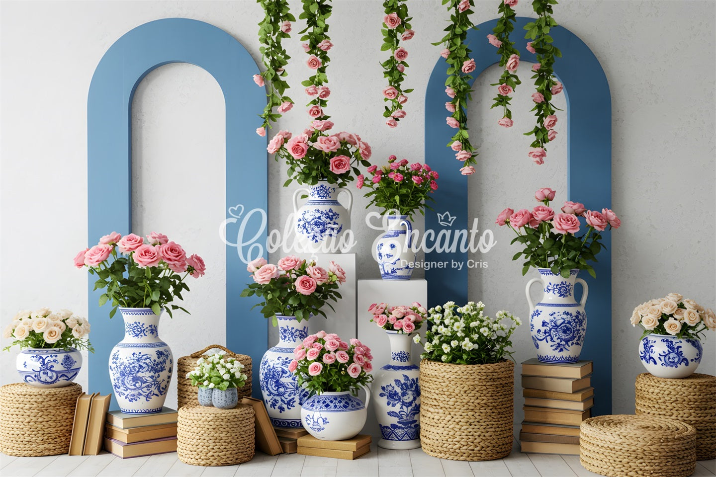 Toile de fond Fête des Mères Vase Bleu Blanc Floral Par Magali