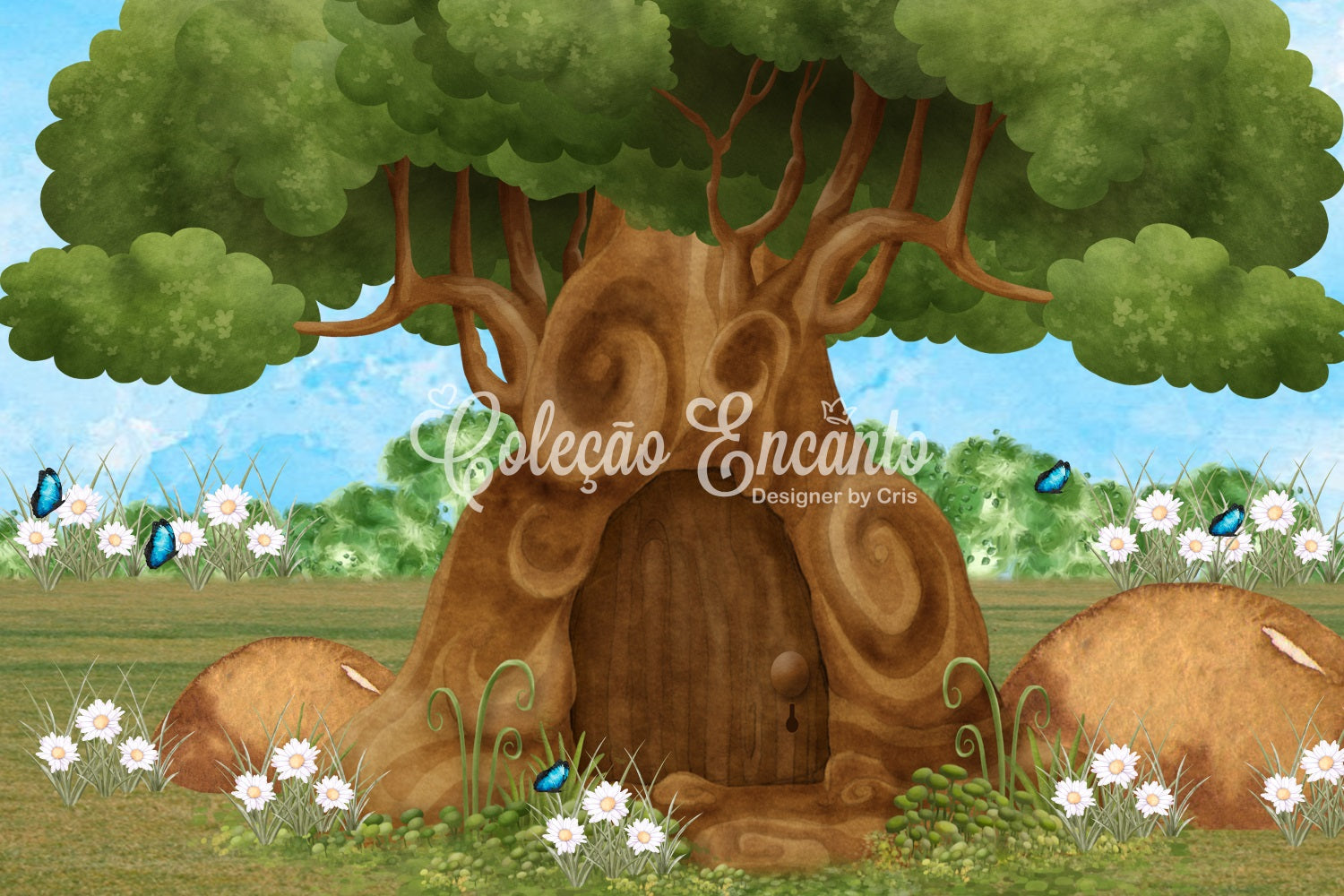Fond Studio Nouveau-né Porte Arbre Enchanté Jardin Marguerites Par Magali