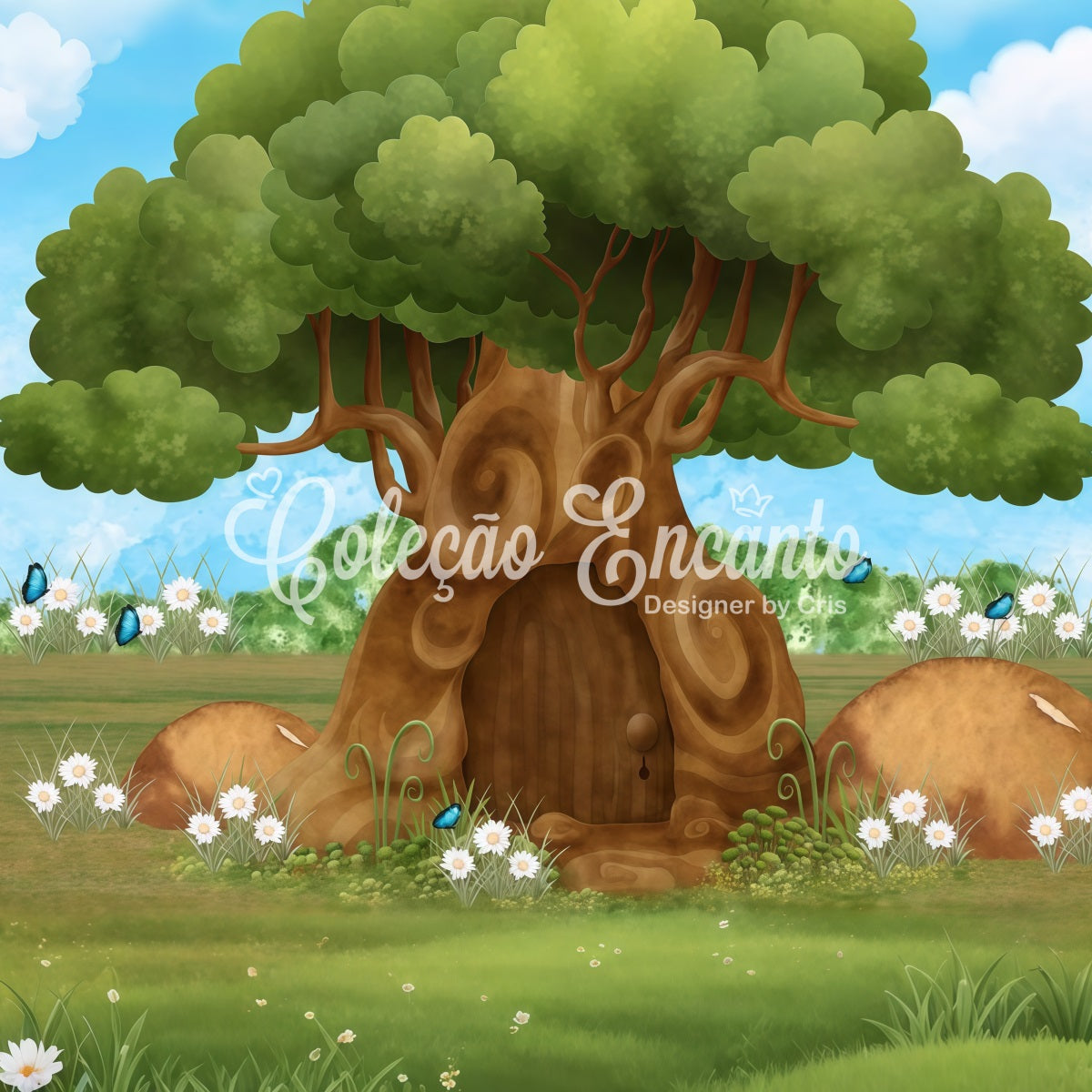 Fond Studio Nouveau-né Porte Arbre Enchanté Jardin Marguerites Par Magali