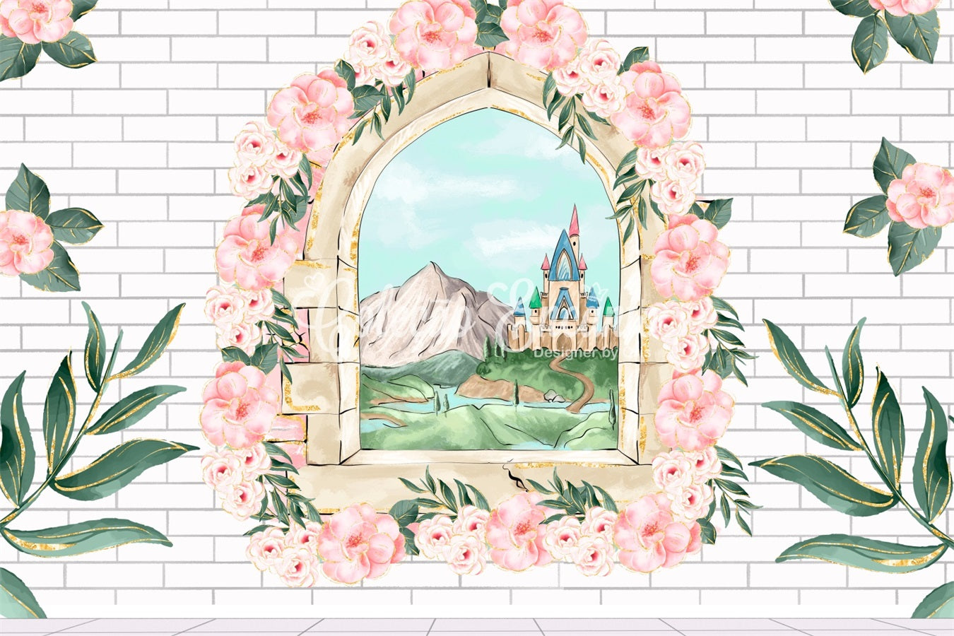 Toile de fond Nouveau-né Fenêtre Florale Mur Brique Par Magali