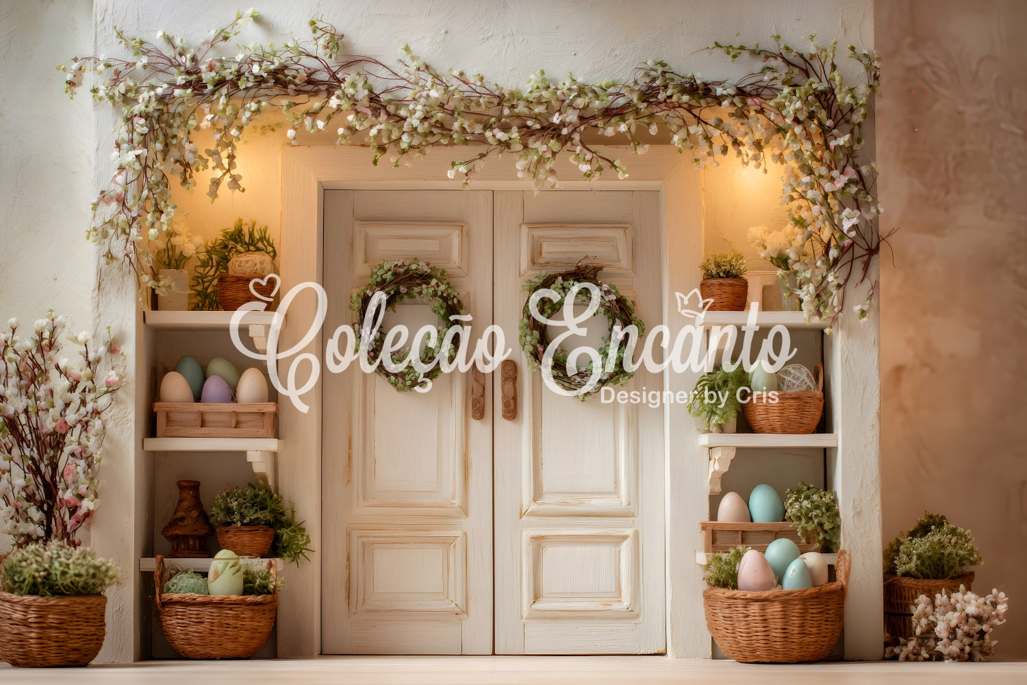 Fond Photo Pâques Porte Fleurie Couronnes Vertes Par Magali