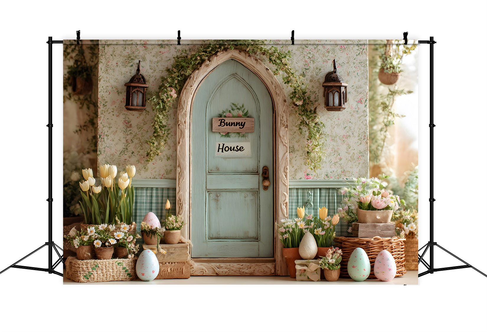 Toile de fond Pâques Maison Lapin Œufs Fleuris Par Magali
