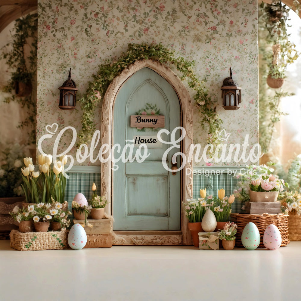 Toile de fond Pâques Maison Lapin Œufs Fleuris Par Magali
