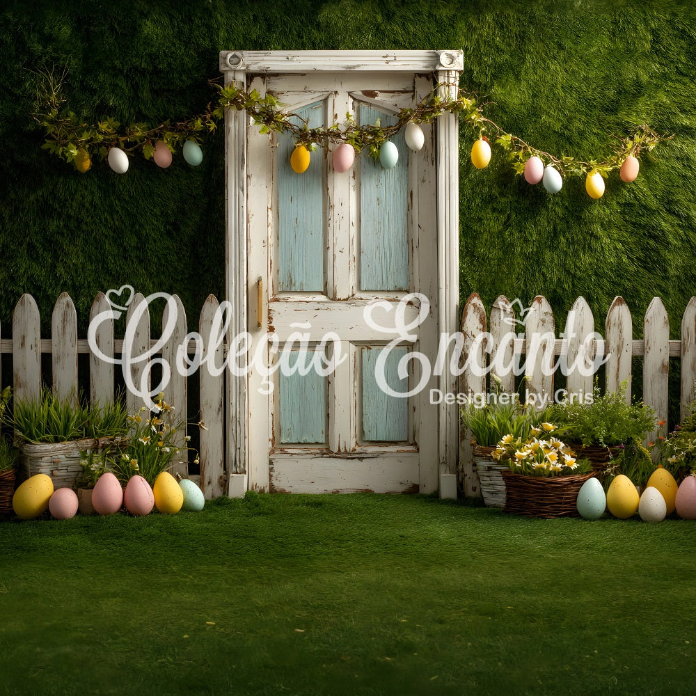 Toile de fond Photo Pâques Guirlande Œufs Clôture Porte Par Magali