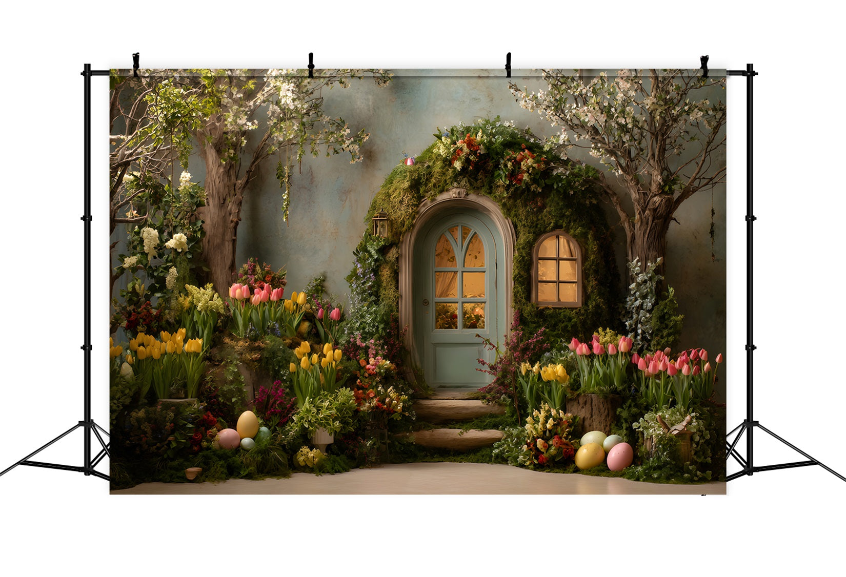 Toile de fond Pâques Arche Mousseuse Tulipees Œufs Par Magali