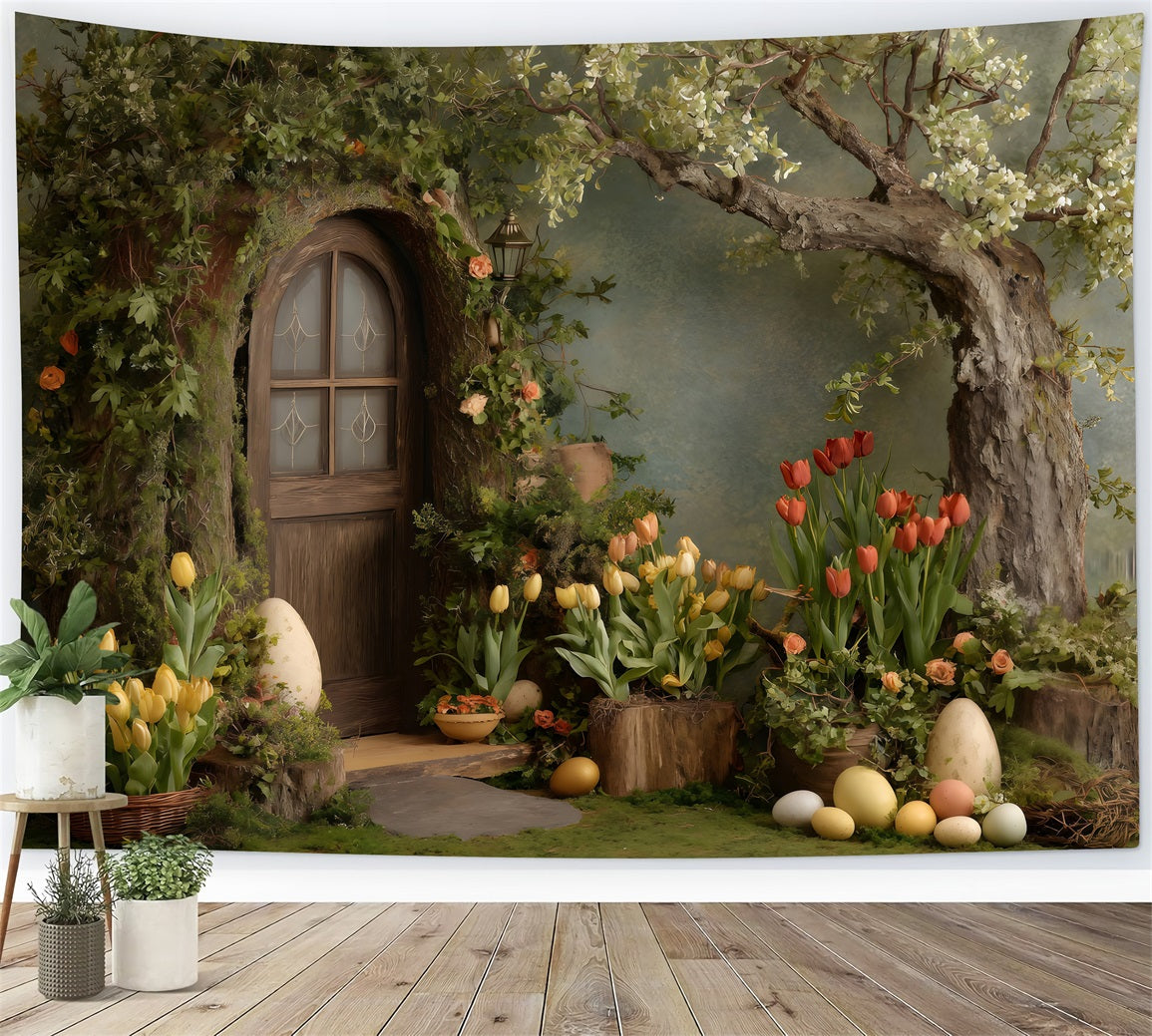 Toile de fond Photo Pâques Porte Lierre Fleurs Œufs Par Magali