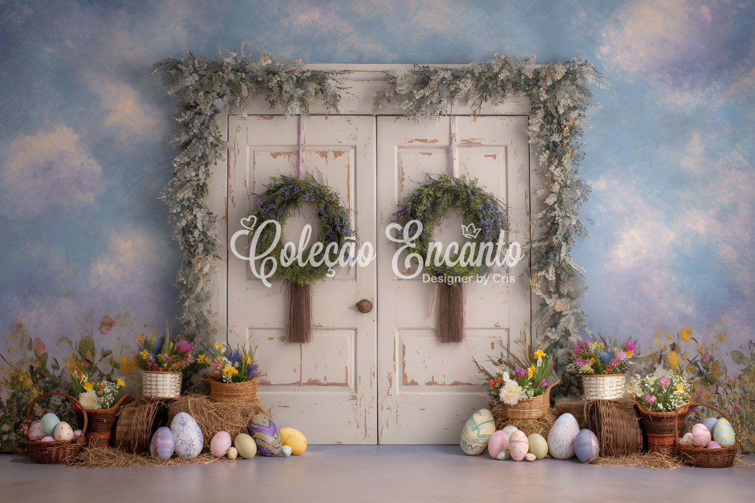 Toile de fond Pâques Porte Fleurie Rustique Présentation Œufs Par Magali