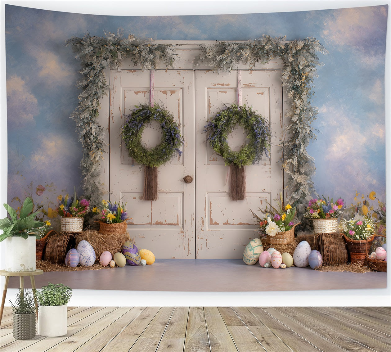 Toile de fond Pâques Porte Fleurie Rustique Présentation Œufs Par Magali