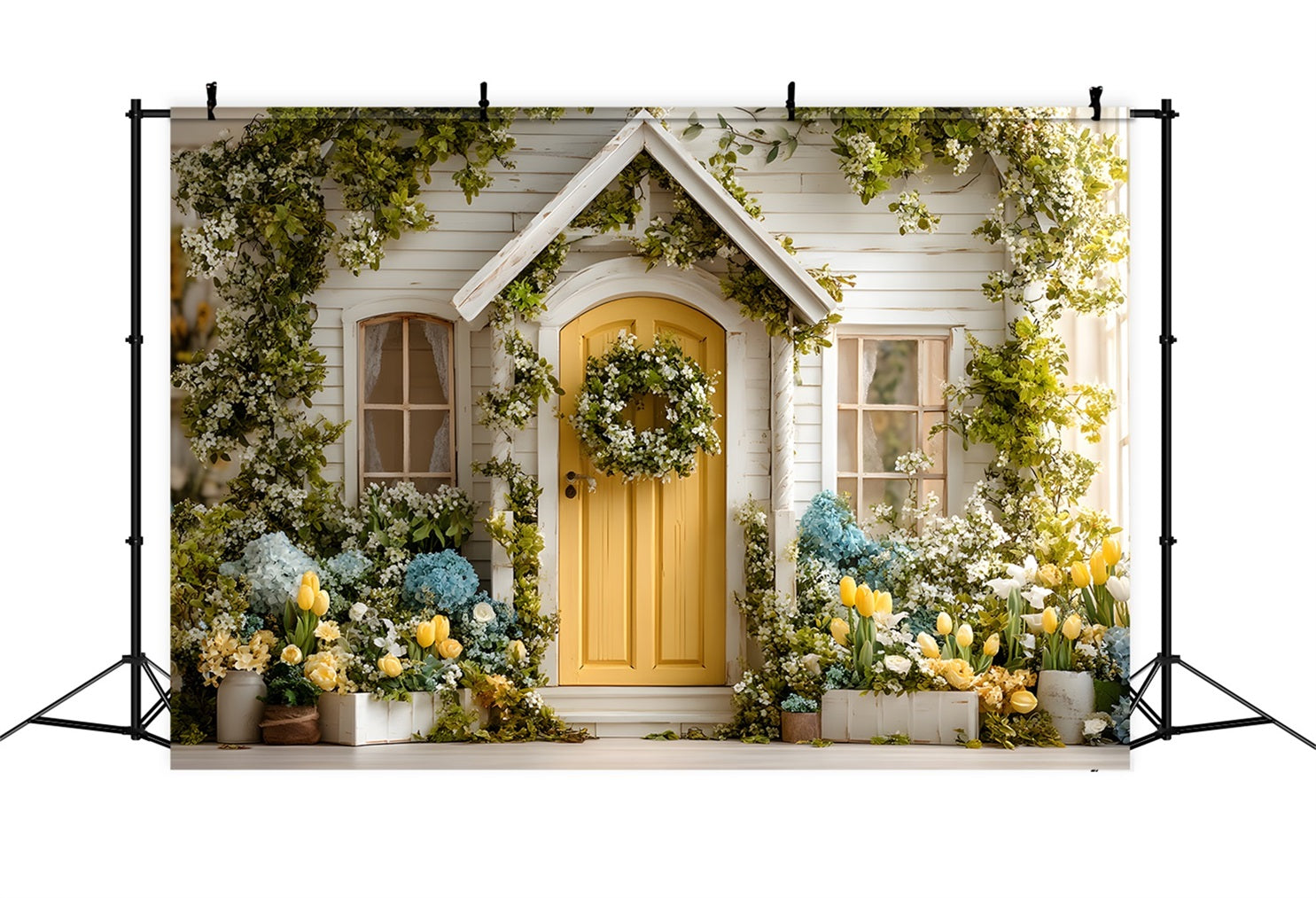 Toile de fond Pâques Porte Cottage Ensoleillée Hortensia Fleurie Par Magali