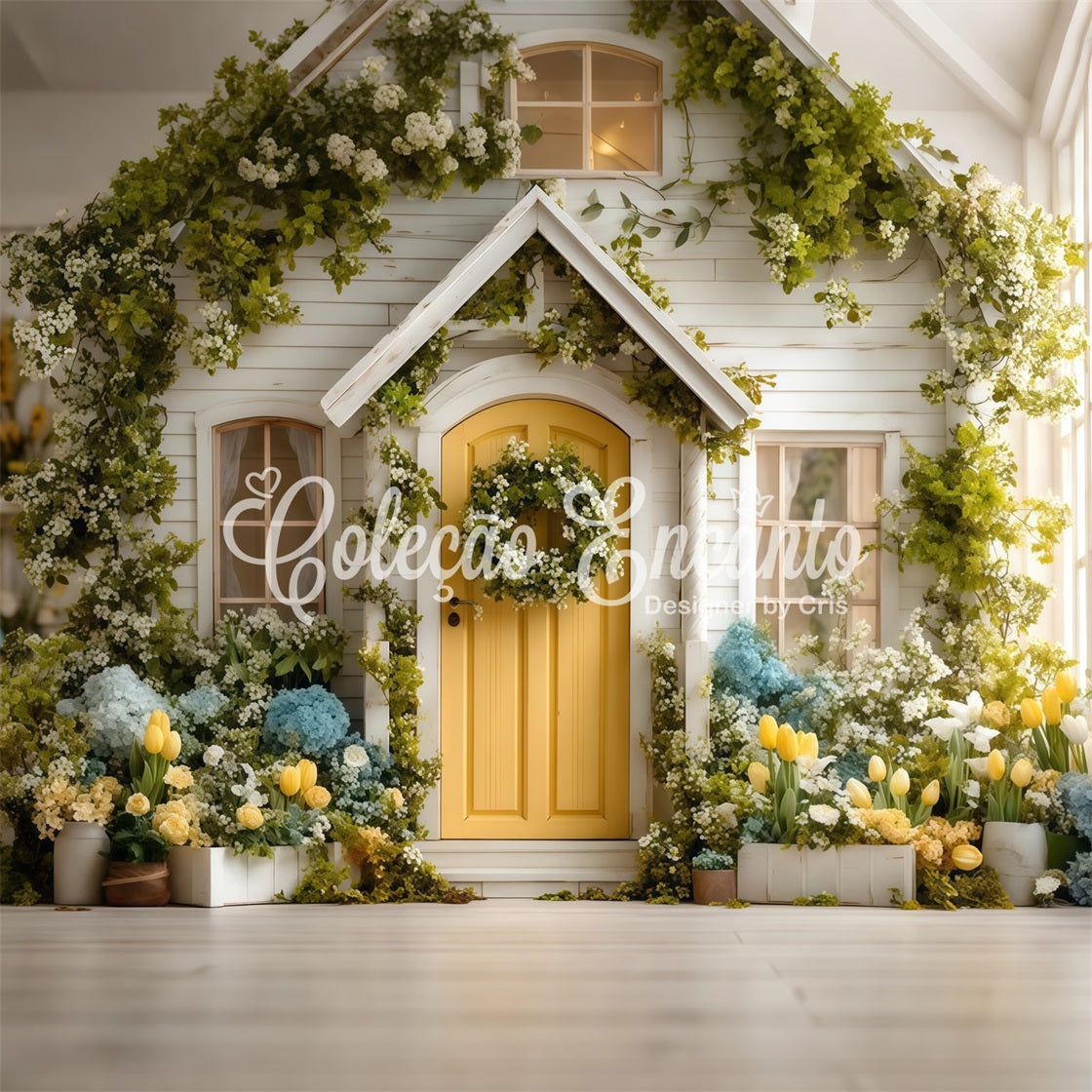 Toile de fond Pâques Porte Cottage Ensoleillée Hortensia Fleurie Par Magali