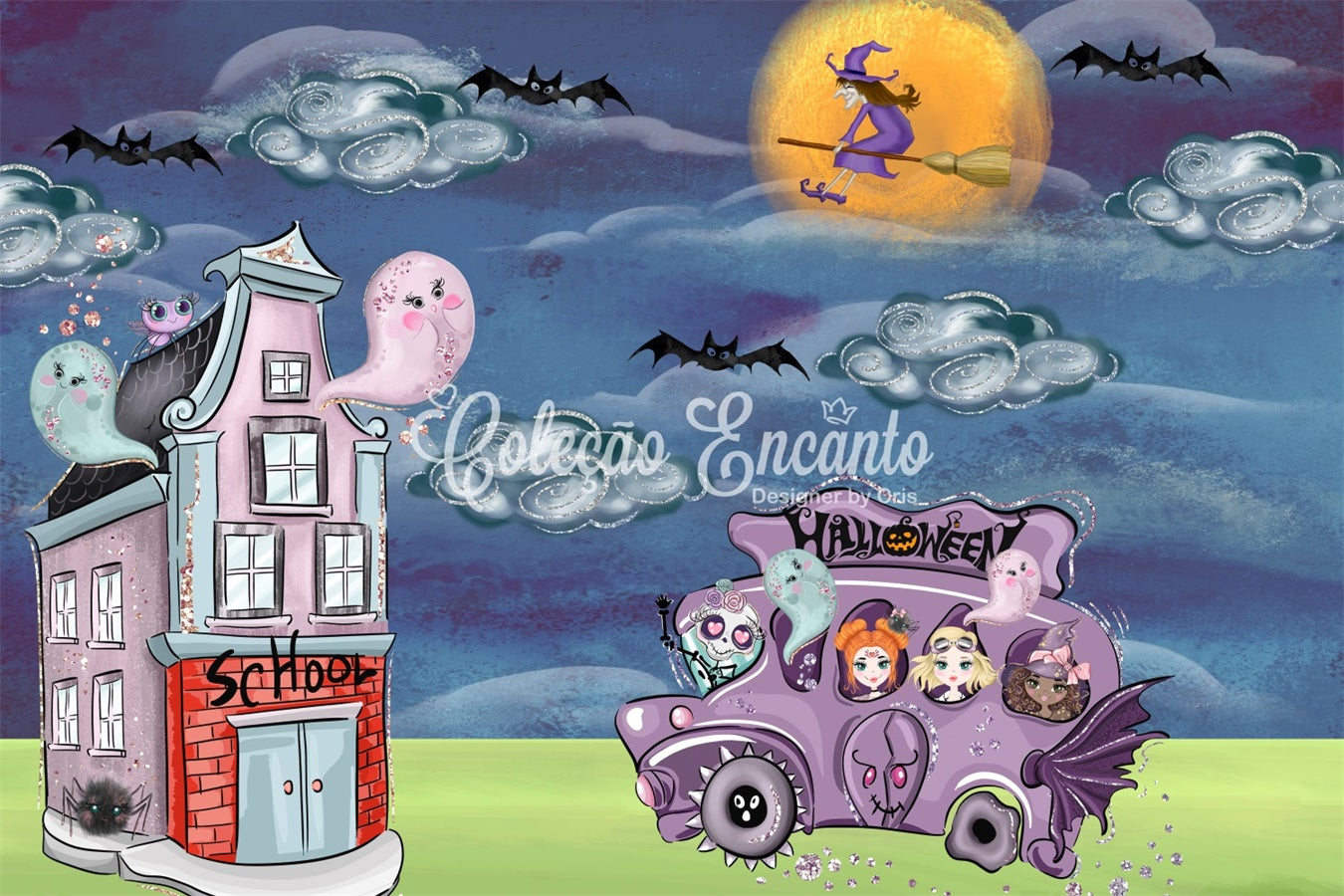 Toile de fond Nouveau-né Bus Effrayant Sorcière Lune Par Magali