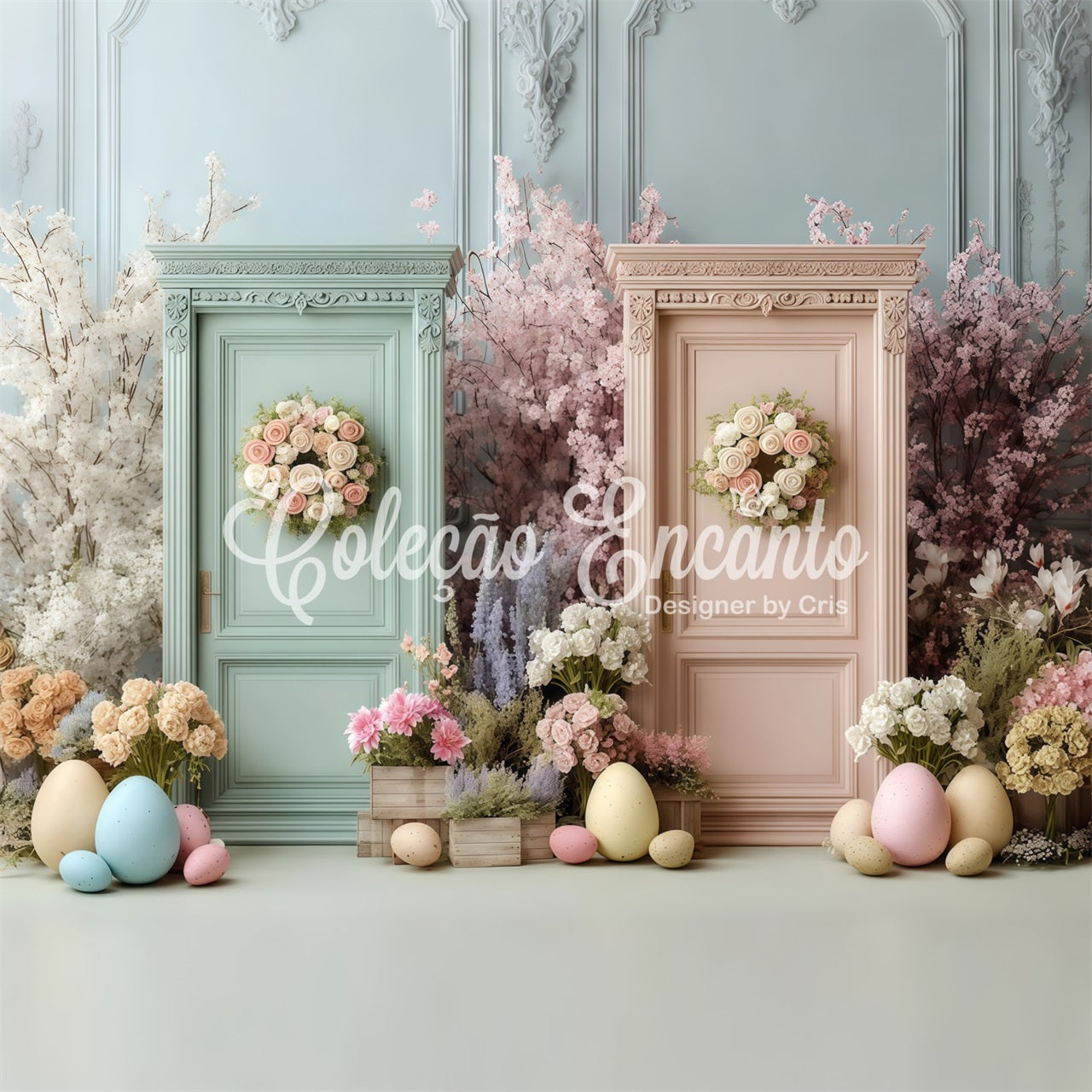 Toile de fond Pâques Portes Doubles Fleurs Œufs Par Magali