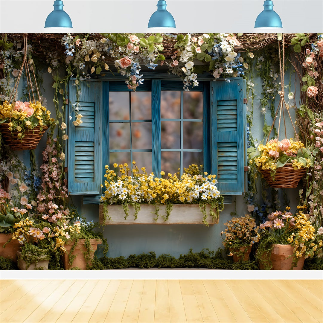 Toile de fond Photo Pâques Fenêtre Bleue Fleurs Printanières Par Magali
