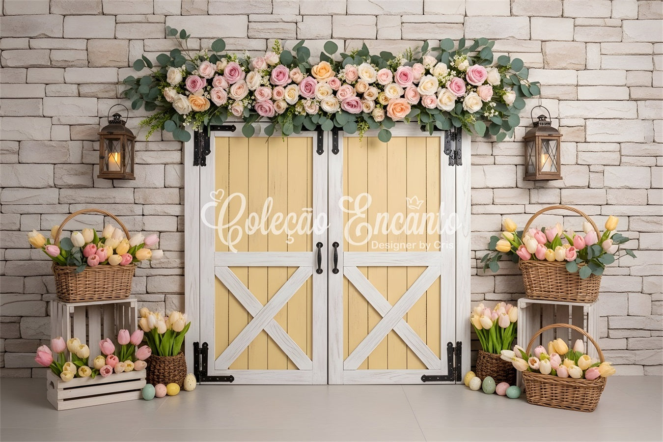Toile de fond Photo Pâques Porte Jaune Panier Tulipees Œuf Par Magali