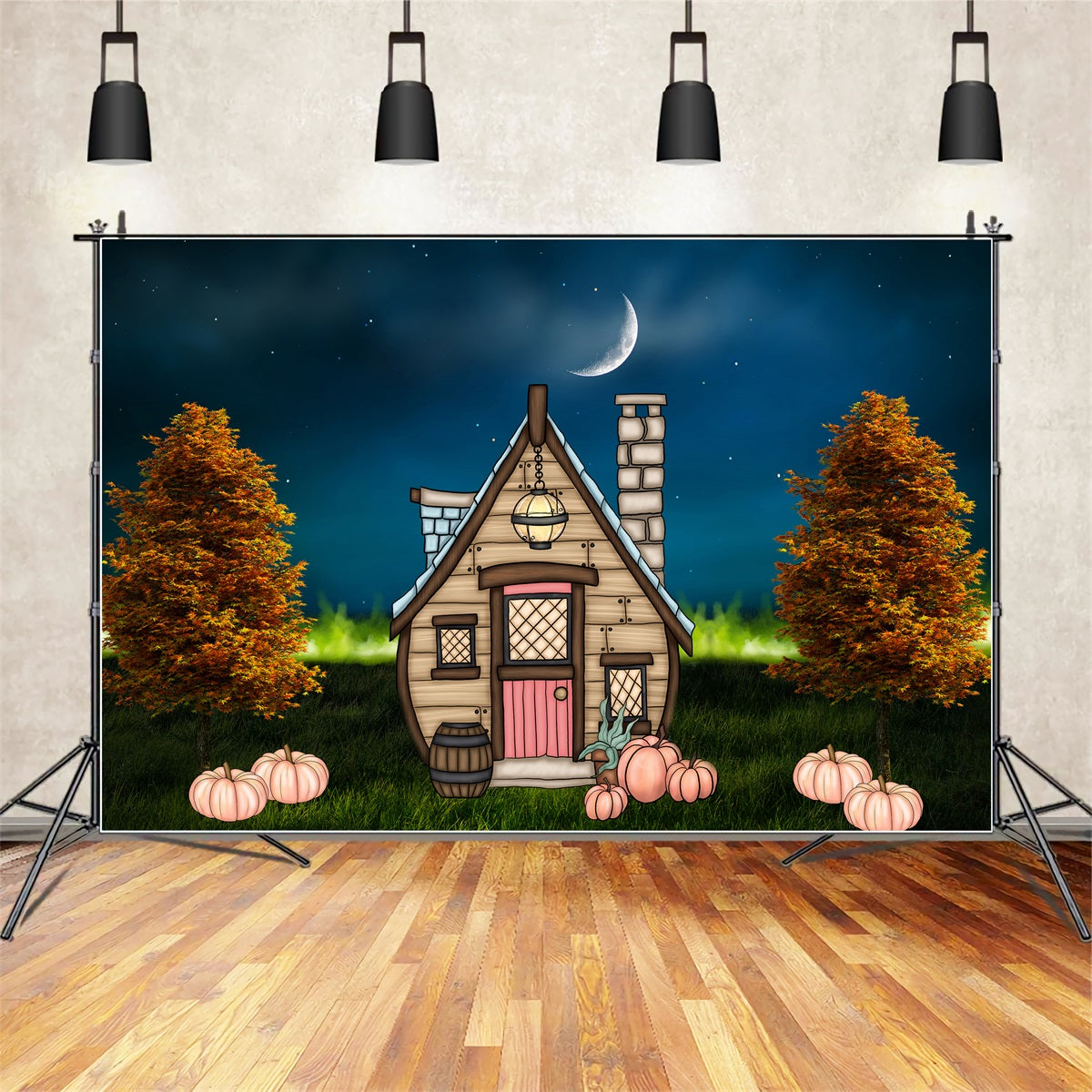 Toile de fond Photo Nouveau-né Cottage Clair De Lune Pelouse Citrouille Par Magali