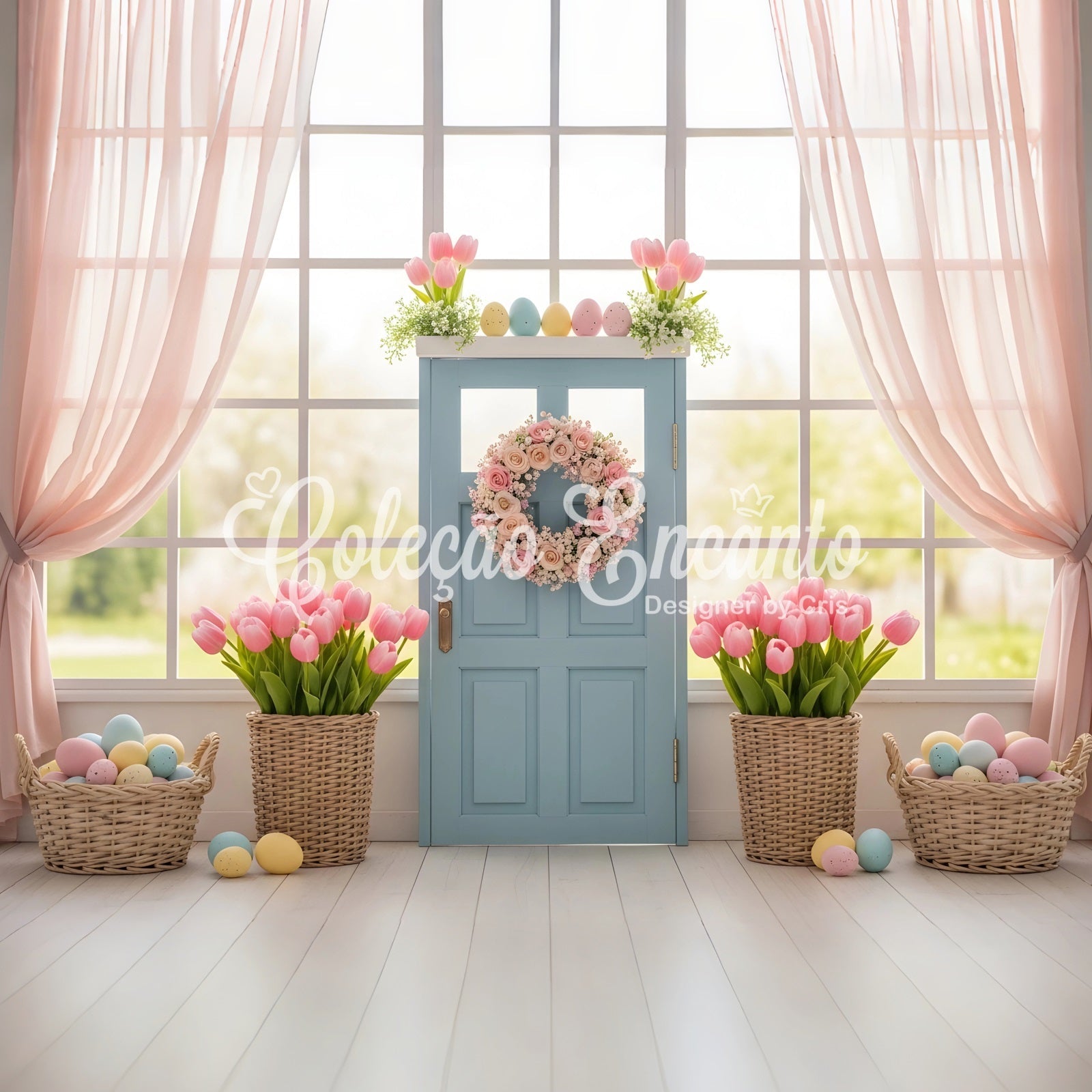 Fond Studio Pâques Porte Bleue Paniers Tulipees Œufs Par Magali