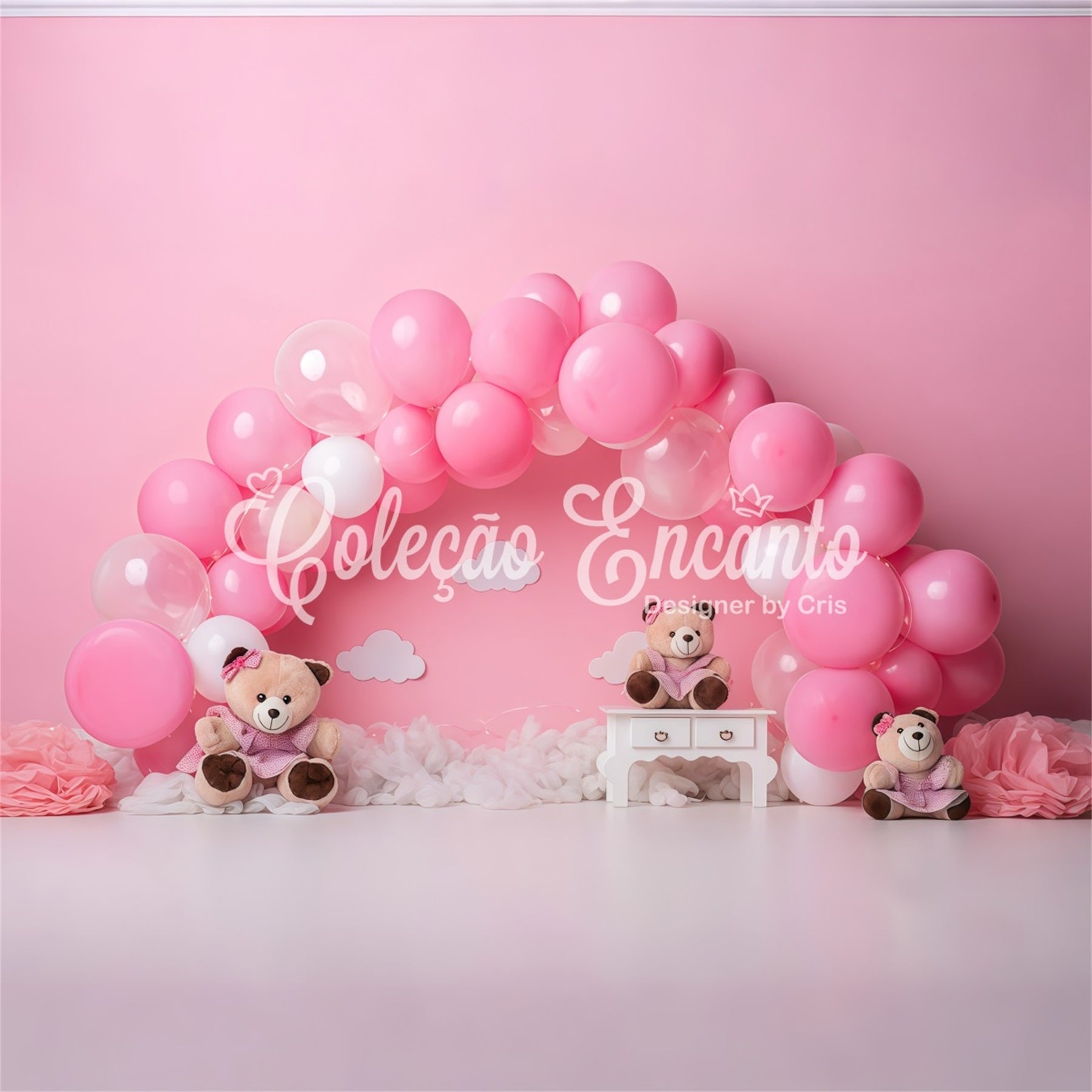 Toile de fond Nouveau-né Arche Ballons Roses Trio Oursons Par Magali