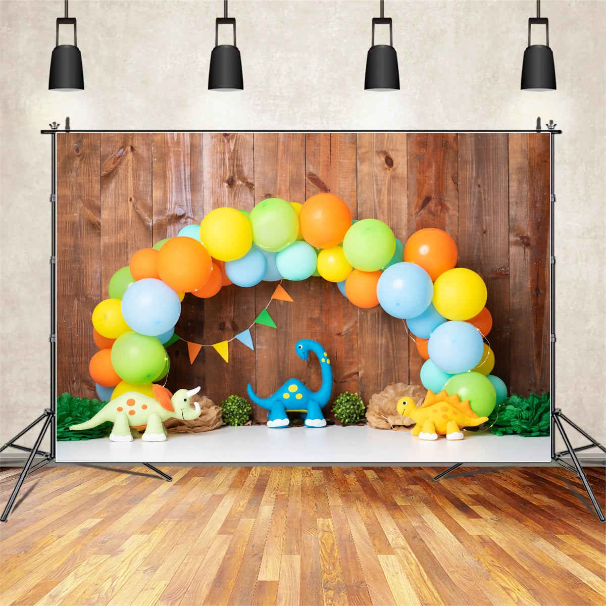 Fond Studio Nouveau-né Arche Fête Dinosaures Ballons Colorés Par Magali