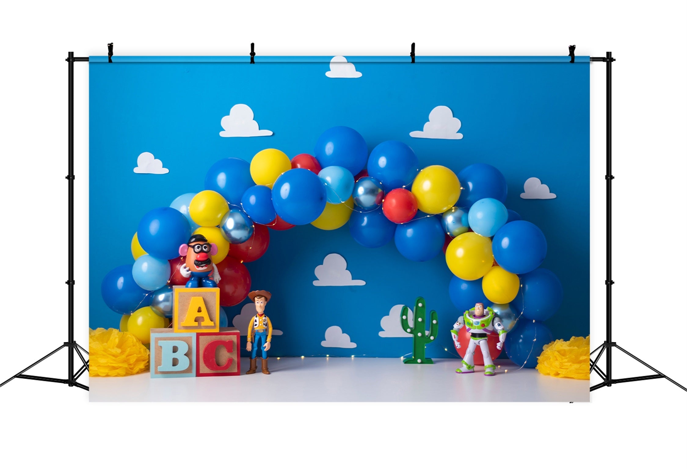 Toile de fond Nouveau-né Cowboy Jouet Espace Ballons Bleus Par Magali
