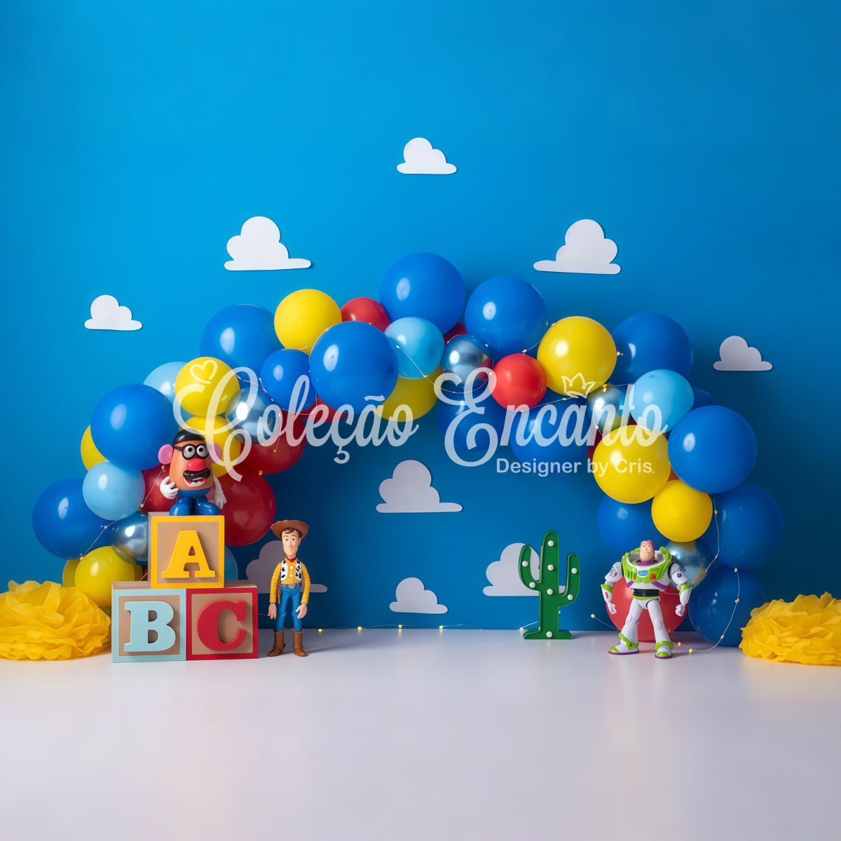 Toile de fond Nouveau-né Cowboy Jouet Espace Ballons Bleus Par Magali