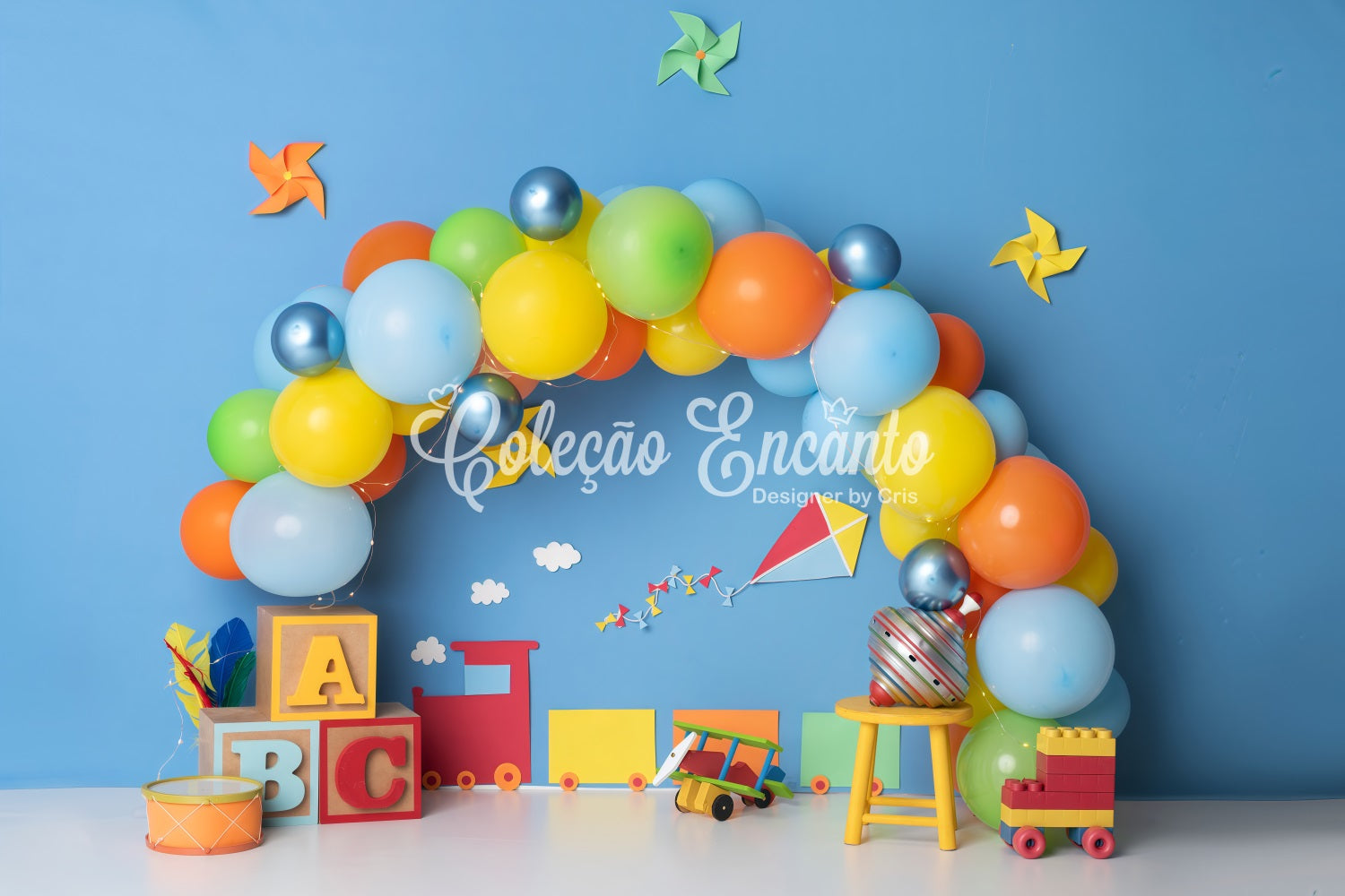 Toile de fond Photo Nouveau-né Train Jouets Blocs Ballons Colorés Par Magali
