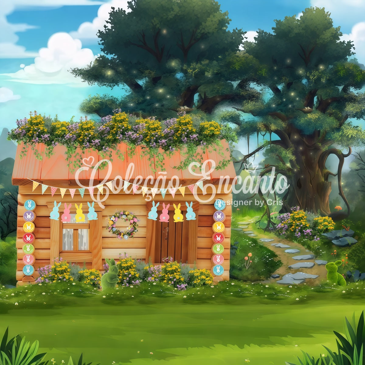 Fond Studio Nouveau-né Cottage Lapin Pastel Jardin Forêt Par Magali