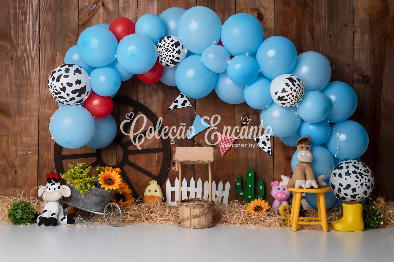 Fond Studio Nouveau-né Arche Ballons Ferme Imprimé Vache Bleue Par Magali