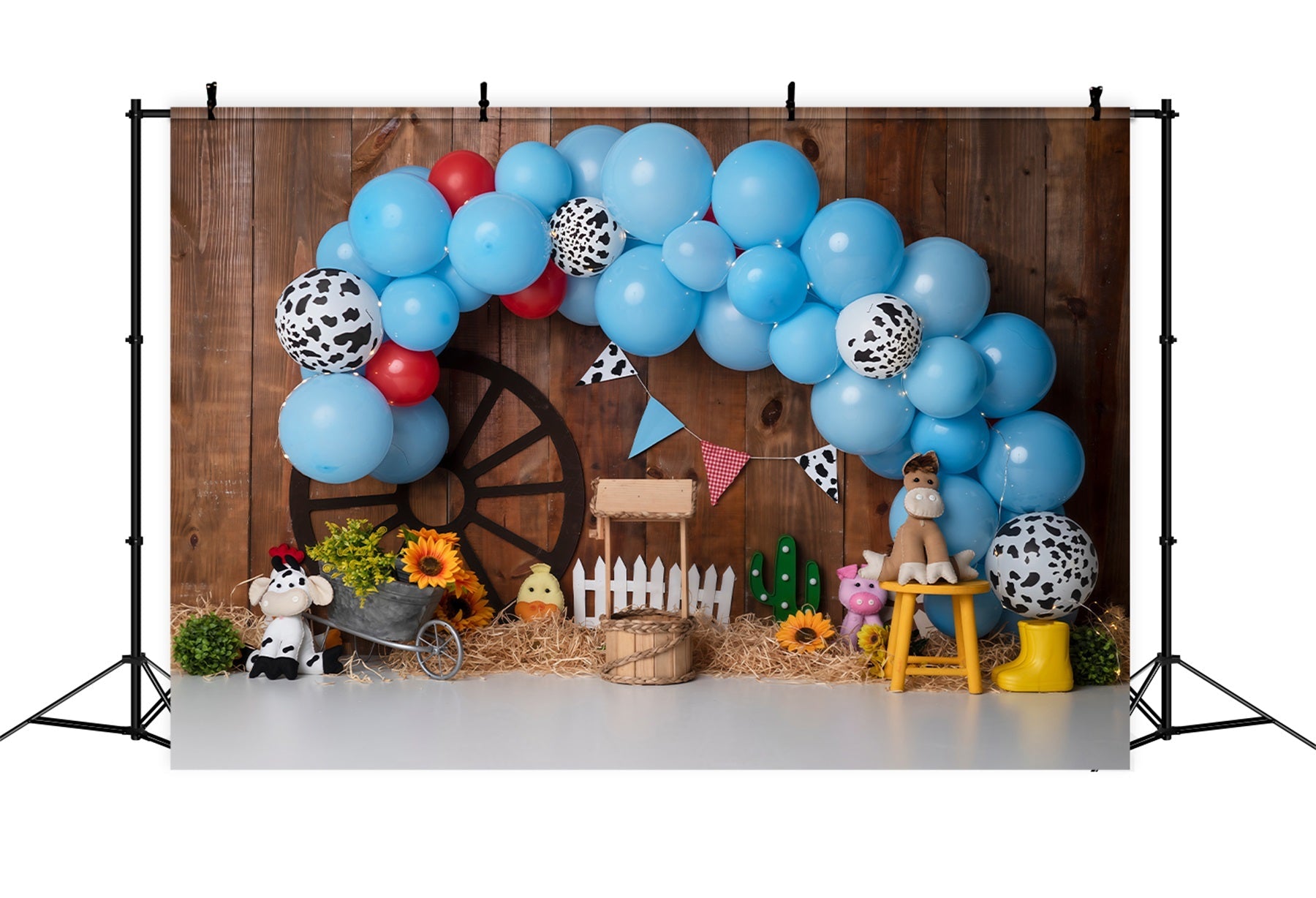 Fond Studio Nouveau-né Arche Ballons Ferme Imprimé Vache Bleue Par Magali