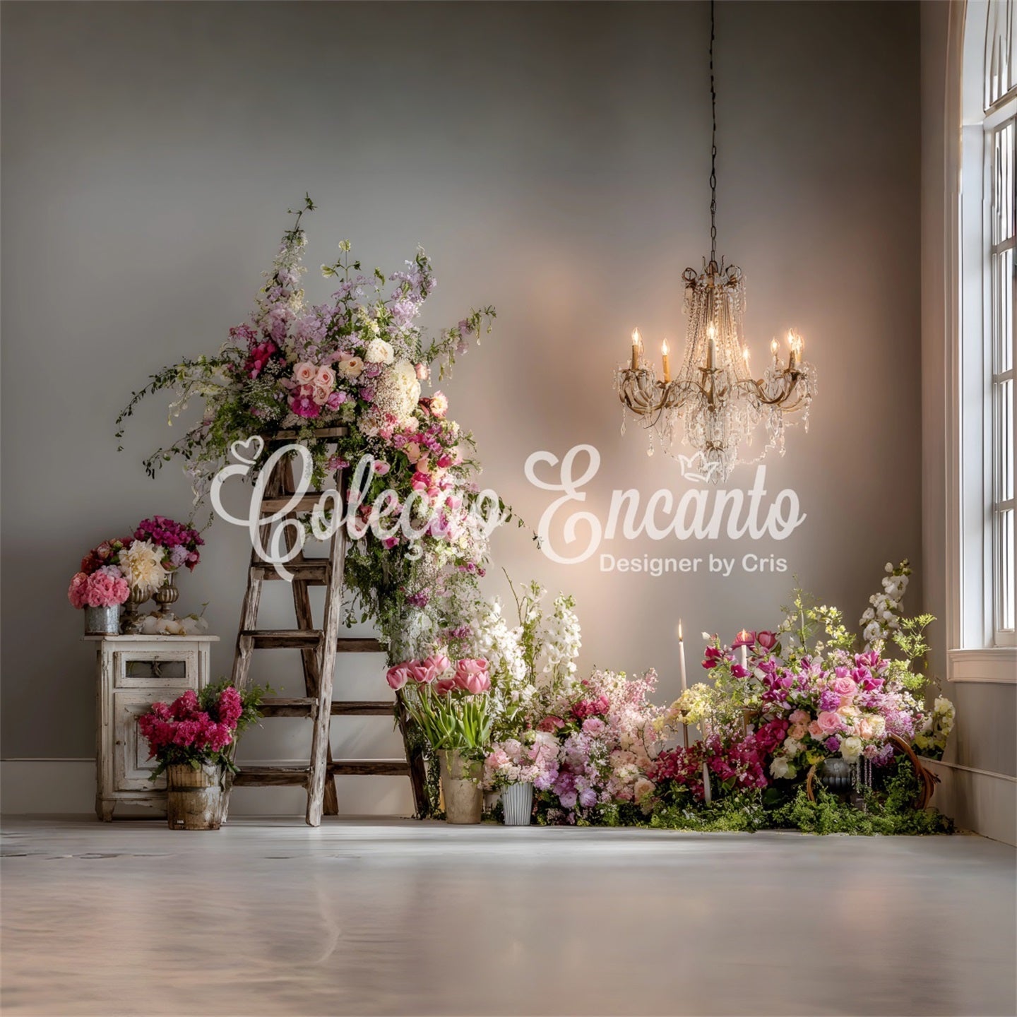 Toile de fond Studio Fête des Mères Échelle Rustique Arrangement Floral Par Magali