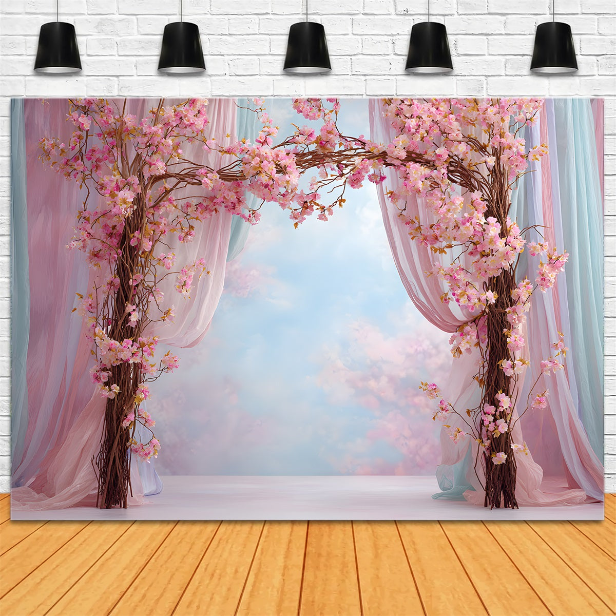 Toile de fond Photo Fête des Mères Arche Fleurs Roses Rideaux Drapés Par Magali