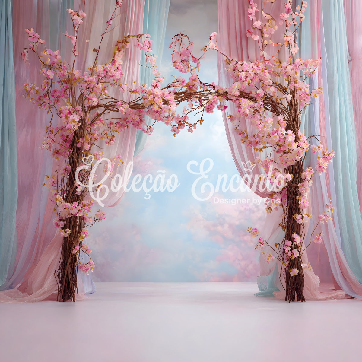 Toile de fond Photo Fête des Mères Arche Fleurs Roses Rideaux Drapés Par Magali