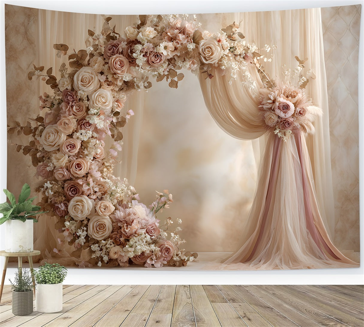 Toile de fond Photo Fête des Mères Arche Florale Roses Crème Élégantes Par Magali