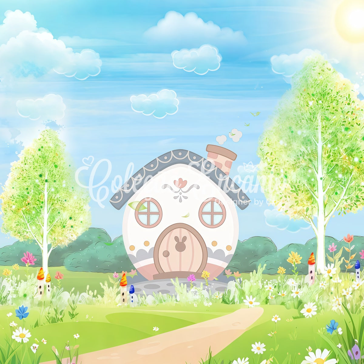 Toile de fond Nouveau-né Cottage Lapin Pastel Jardin Printemps Par Magali