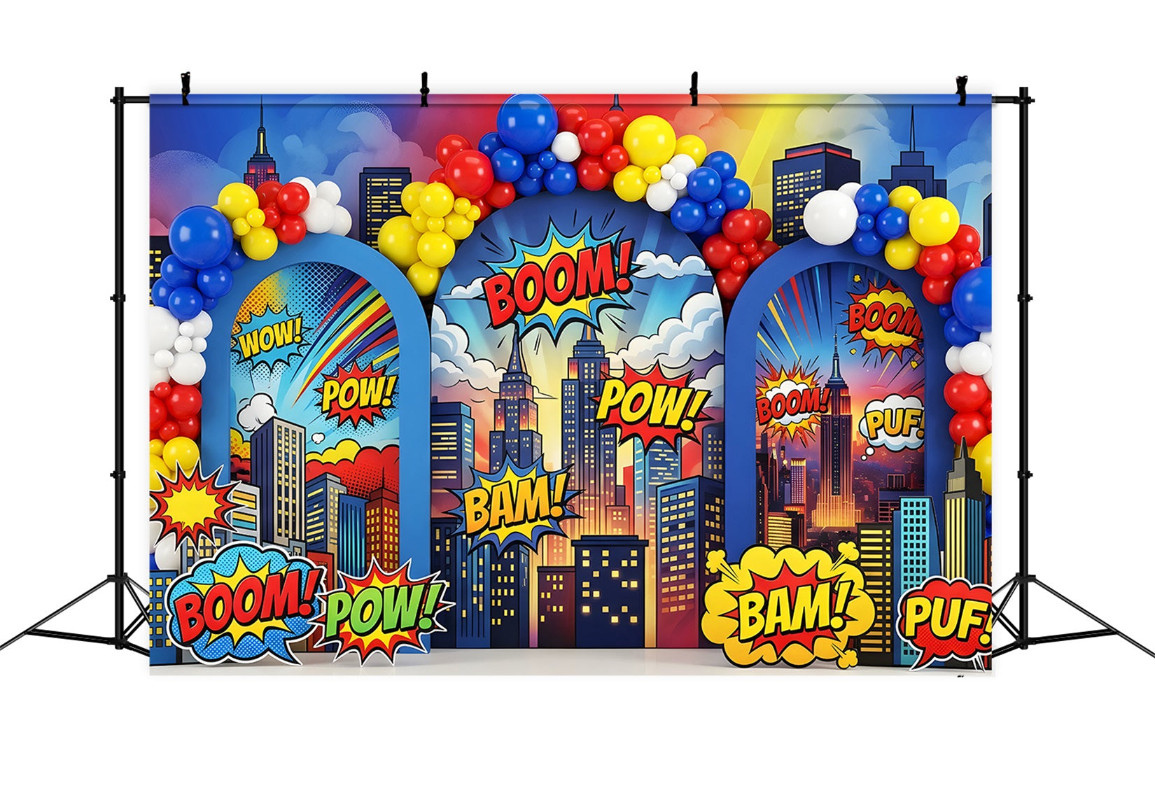 Toile de fond photo pour nouveau-né et enfant avec arche urbaine de ballons style bande dessinée BOUM CEM65-1