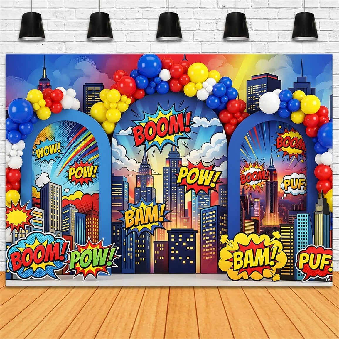 Toile de fond photo pour nouveau-né et enfant avec arche urbaine de ballons style bande dessinée BOUM CEM65-1