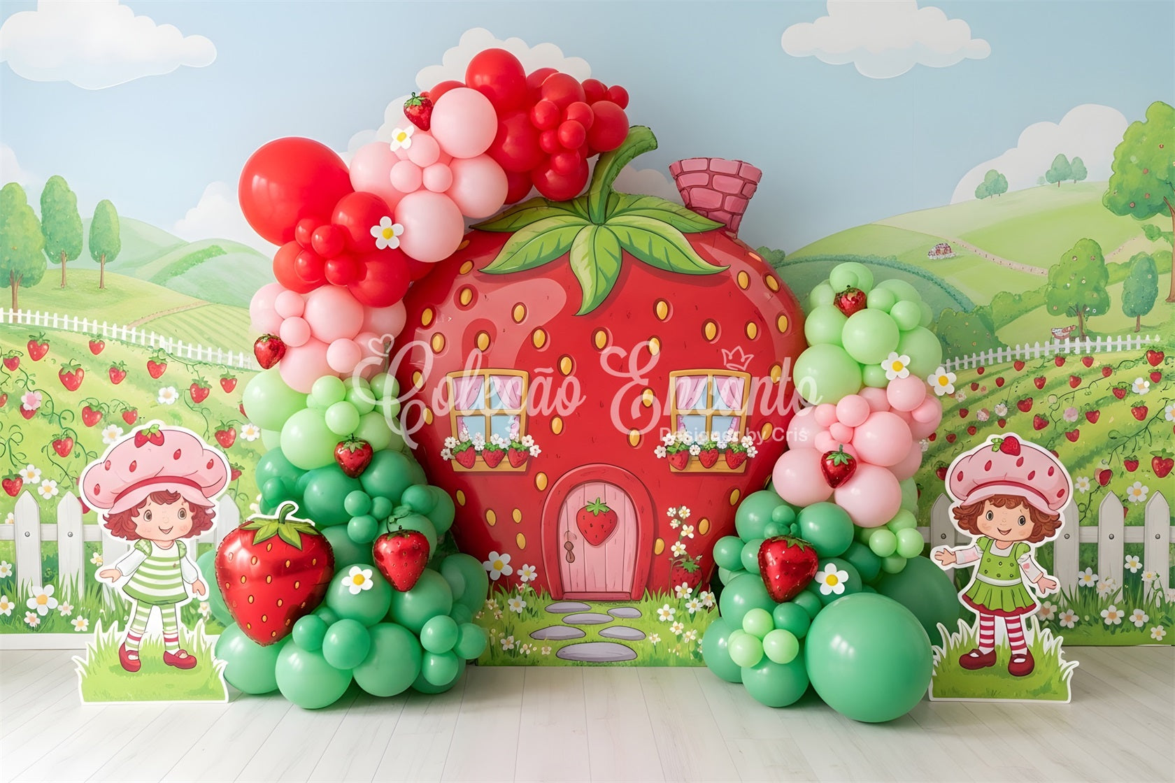 Toile de fond pour enfant avec maison fraise jardin et ballons CEM65-10