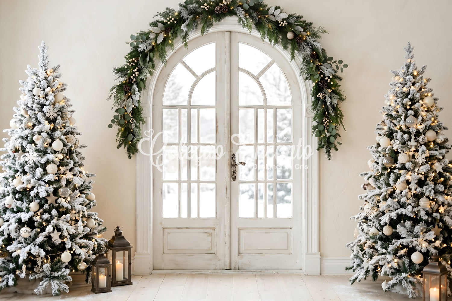 Toile de fond élégante de Noël avec porte cintrée et sapins enneigés pour photomaton CEM65-100